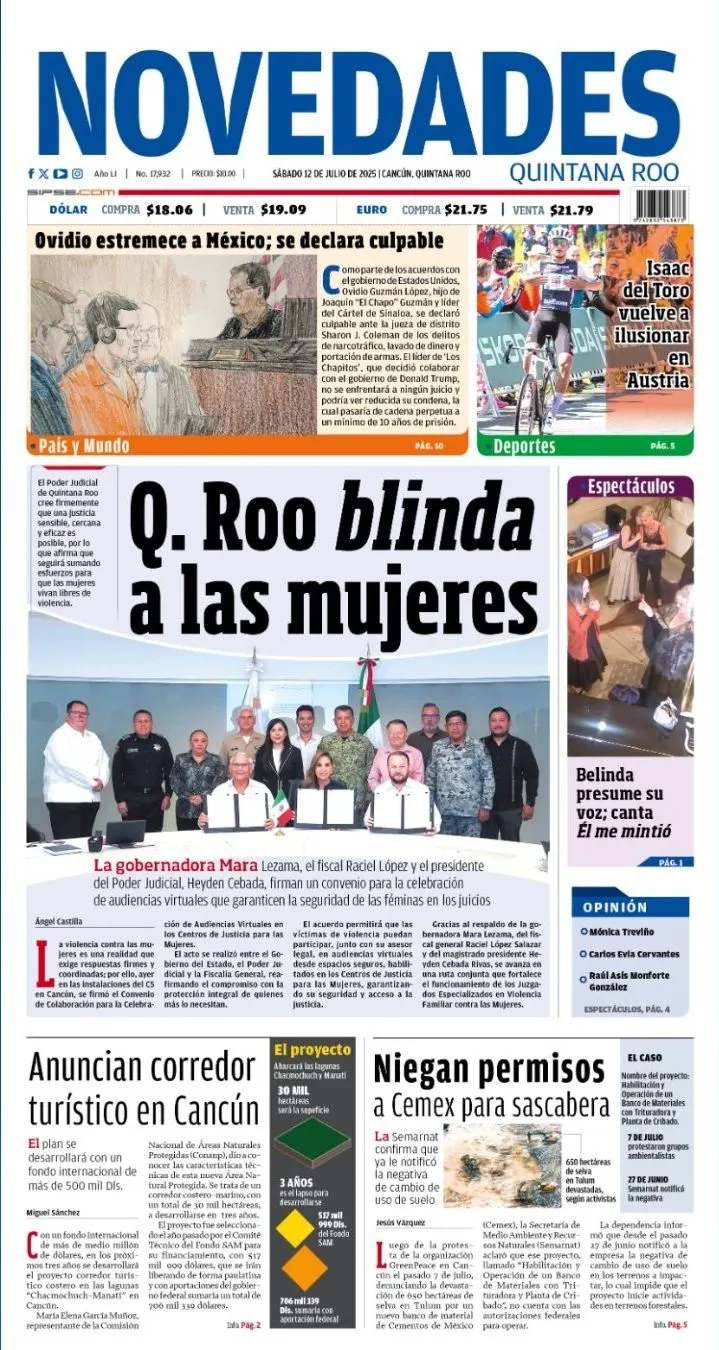 Portada de Novedades Quintana Roo del sábado, 12 de julio de 2025
