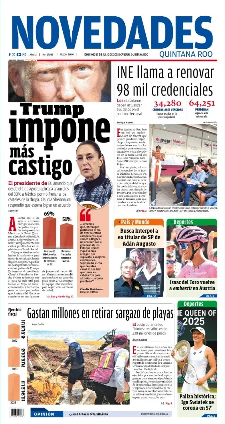 Portada de Novedades Quintana Roo del domingo, 13 de julio de 2025
