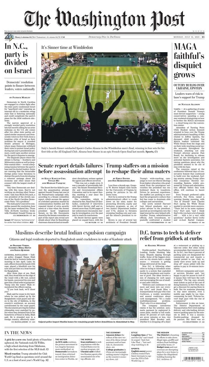 Portada de The Washington Post del lunes, 14 de julio de 2025