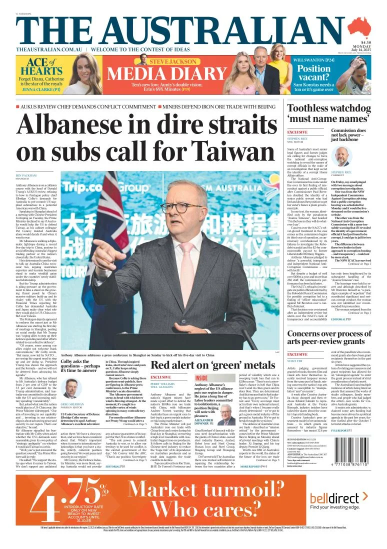 Portada de The Australian del lunes, 14 de julio de 2025