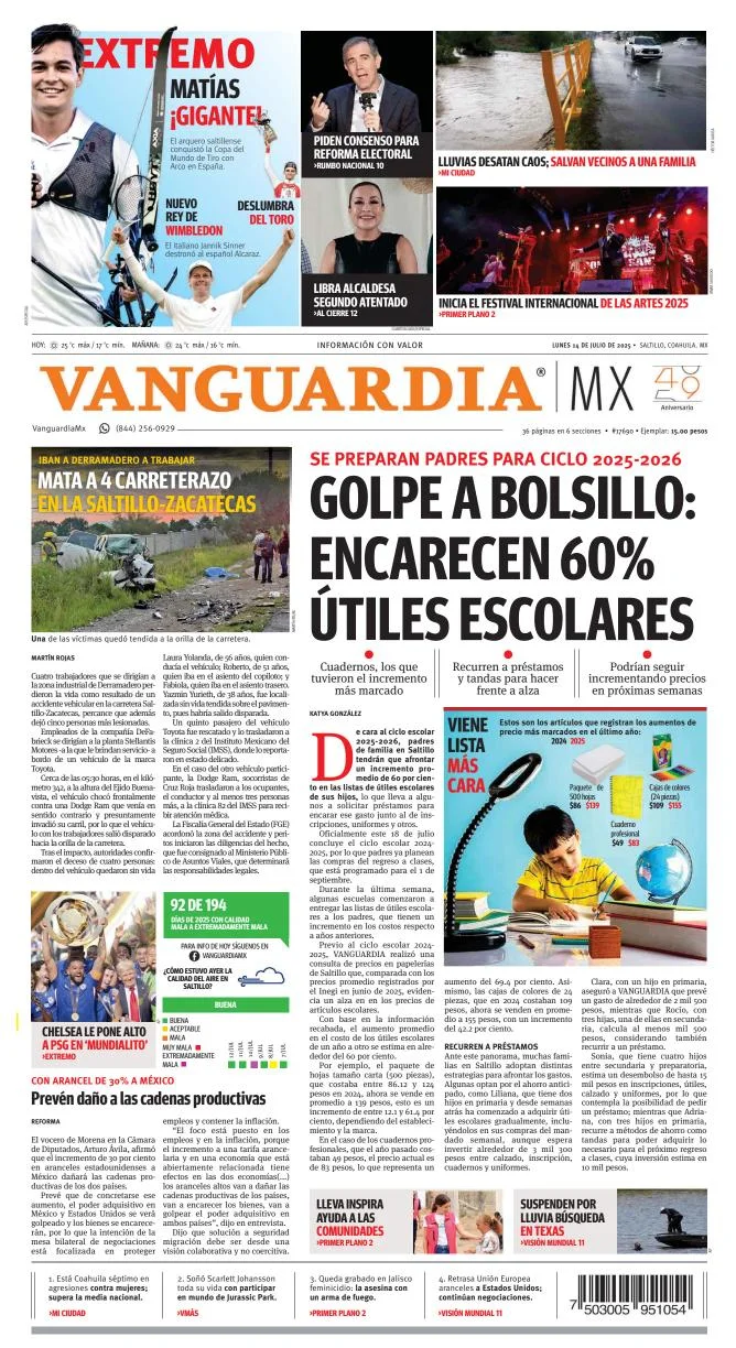 Portada de Vanguardia del lunes, 14 de julio de 2025