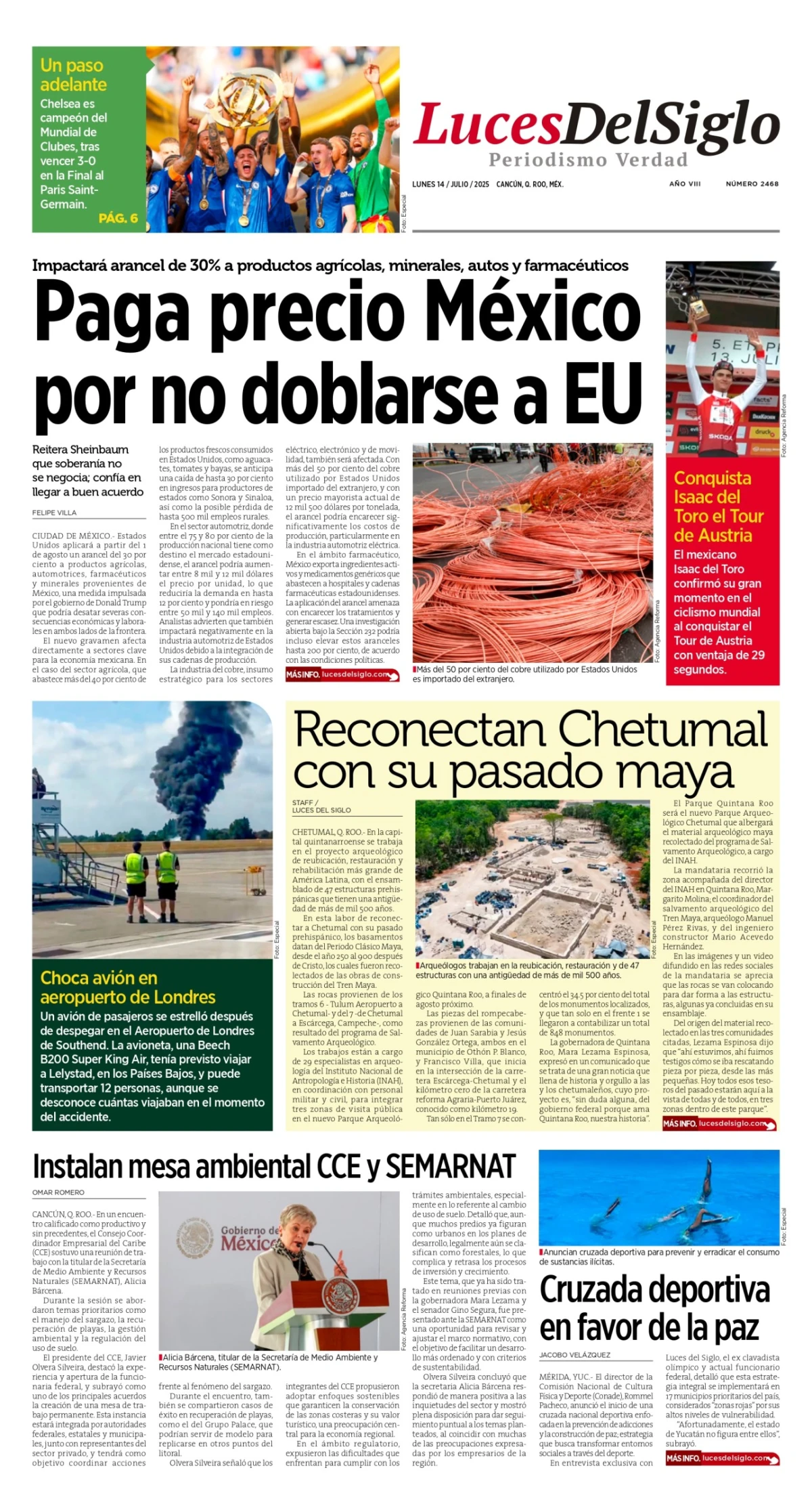 Portada de Luces del Siglo del lunes, 14 de julio de 2025