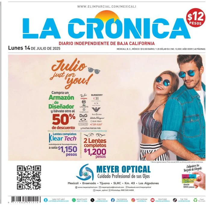 Portada de La Cronica del lunes, 14 de julio de 2025