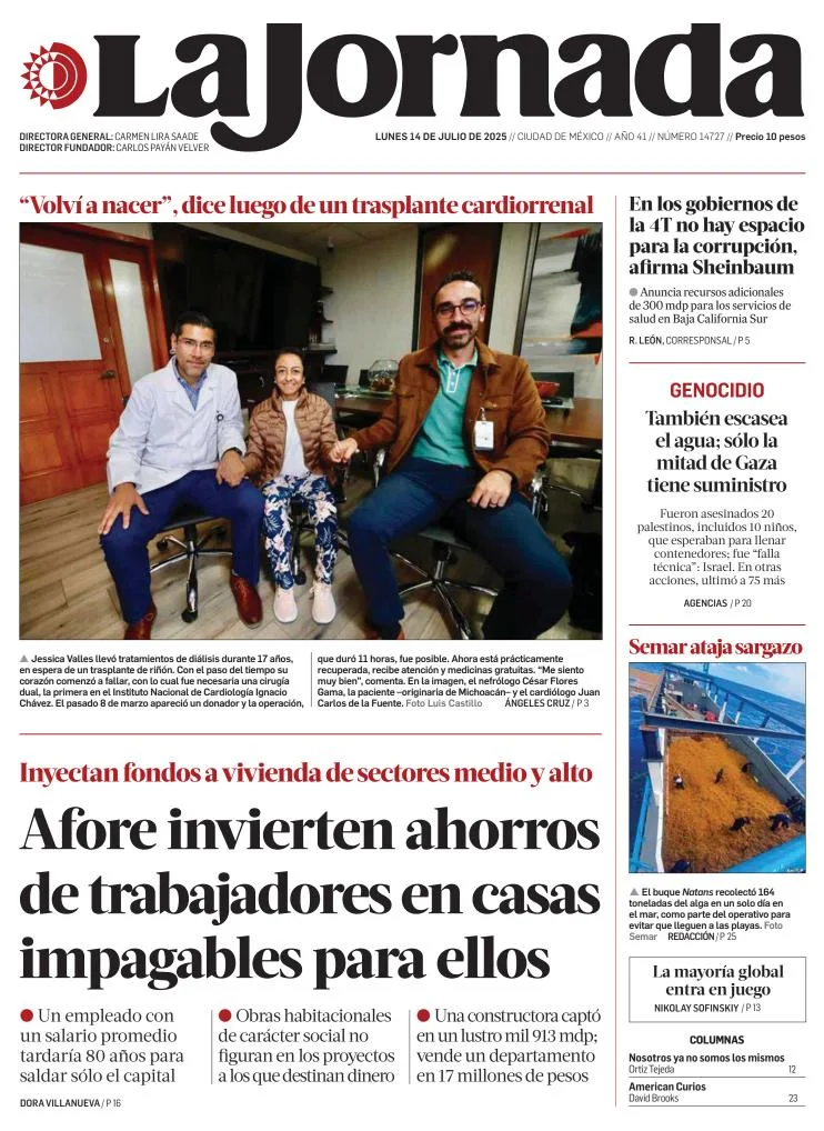 Portada de La Jornada del lunes, 14 de julio de 2025