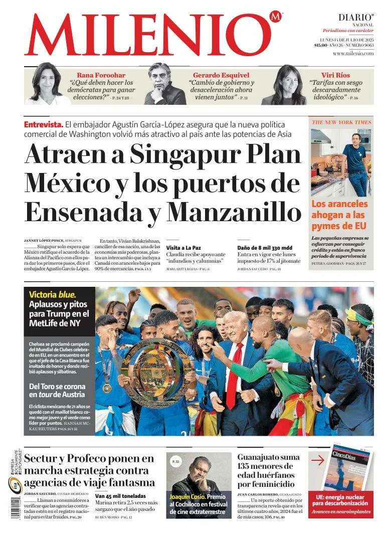Portada de Milenio del lunes, 14 de julio de 2025
