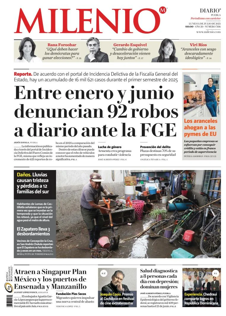 Portada de Milenio Puebla del lunes, 14 de julio de 2025