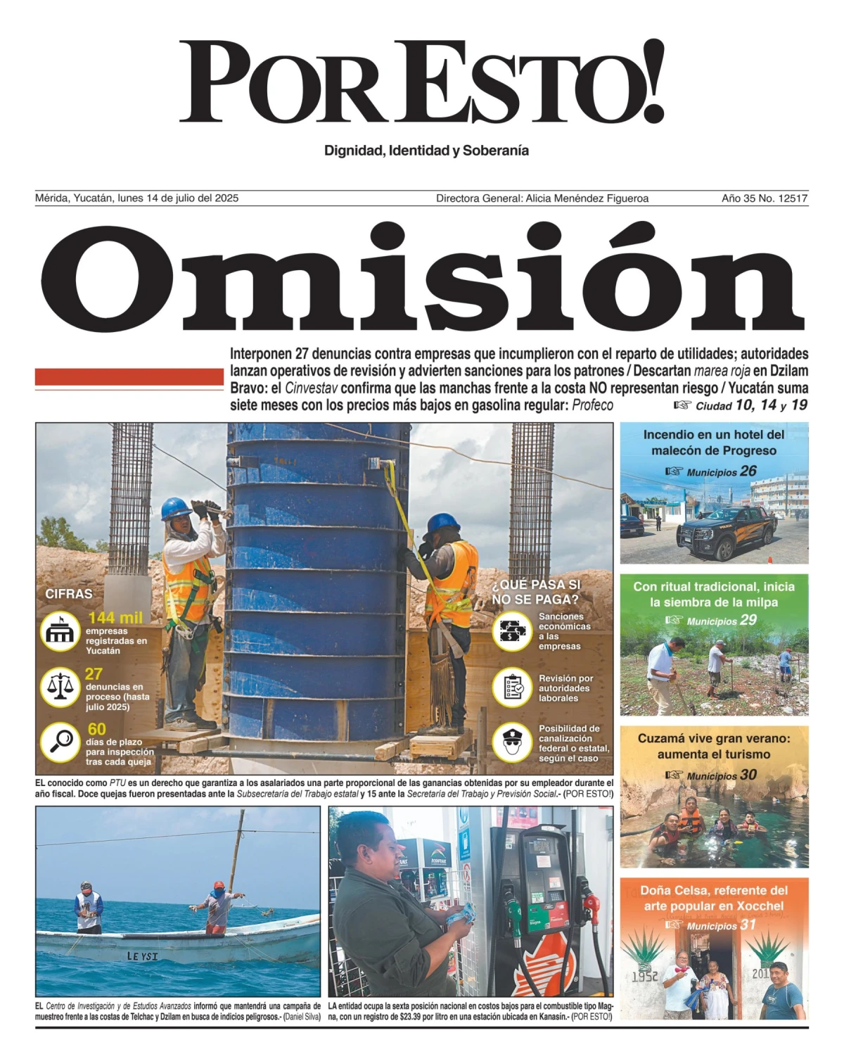 Portada de Por Esto (merida, Yucatan) del lunes, 14 de julio de 2025