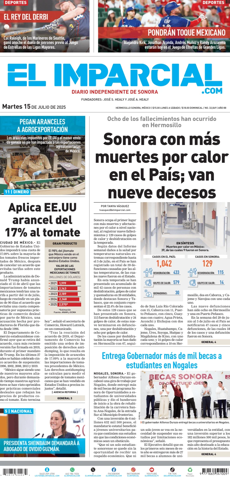 Portada de El Imparcial del martes, 15 de julio de 2025