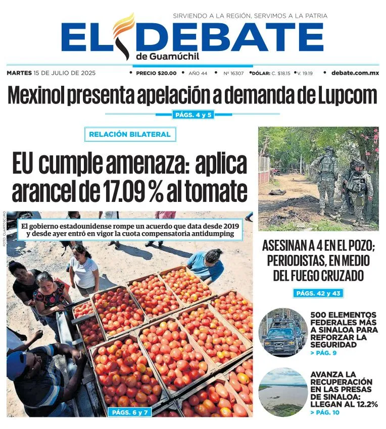 Portada de El Debate de Guamuchil del 2025-07-15