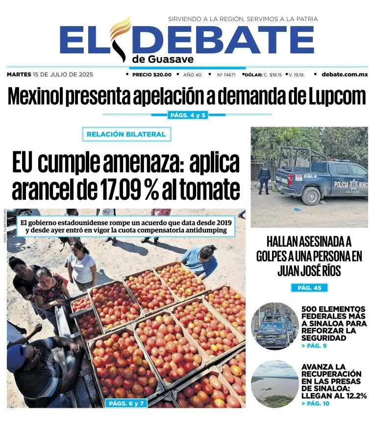 Portada de El Debate de Guasave del martes, 15 de julio de 2025