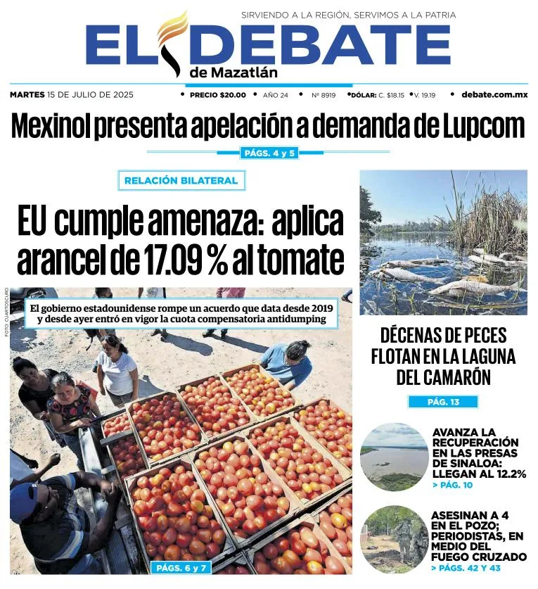 Portada de El Debate de Mazatlan del martes, 15 de julio de 2025