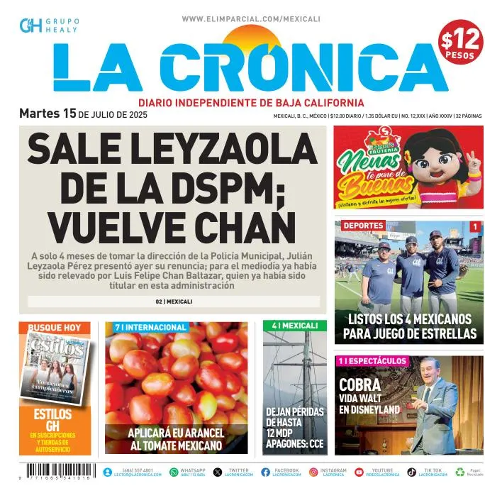 Portada de La Cronica del martes, 15 de julio de 2025