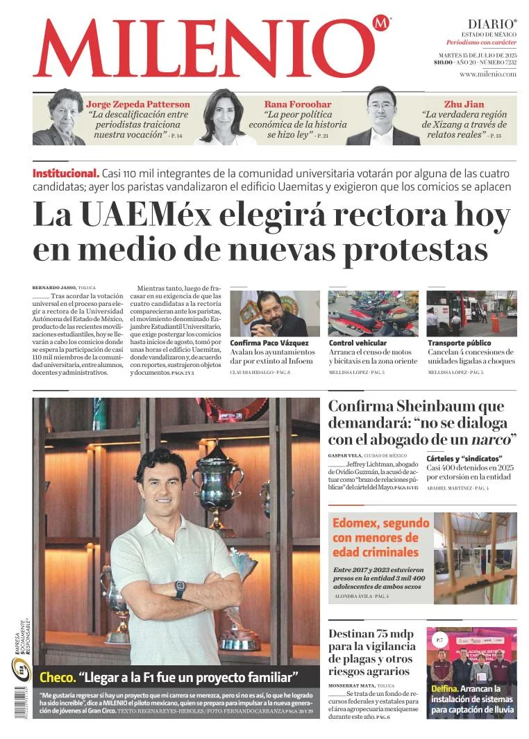 Portada de Milenio Edo de Mexico del martes, 15 de julio de 2025