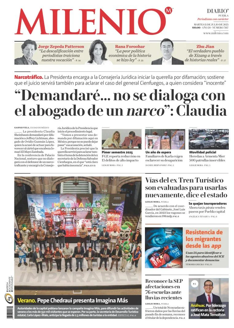 Portada de Milenio Puebla del martes, 15 de julio de 2025