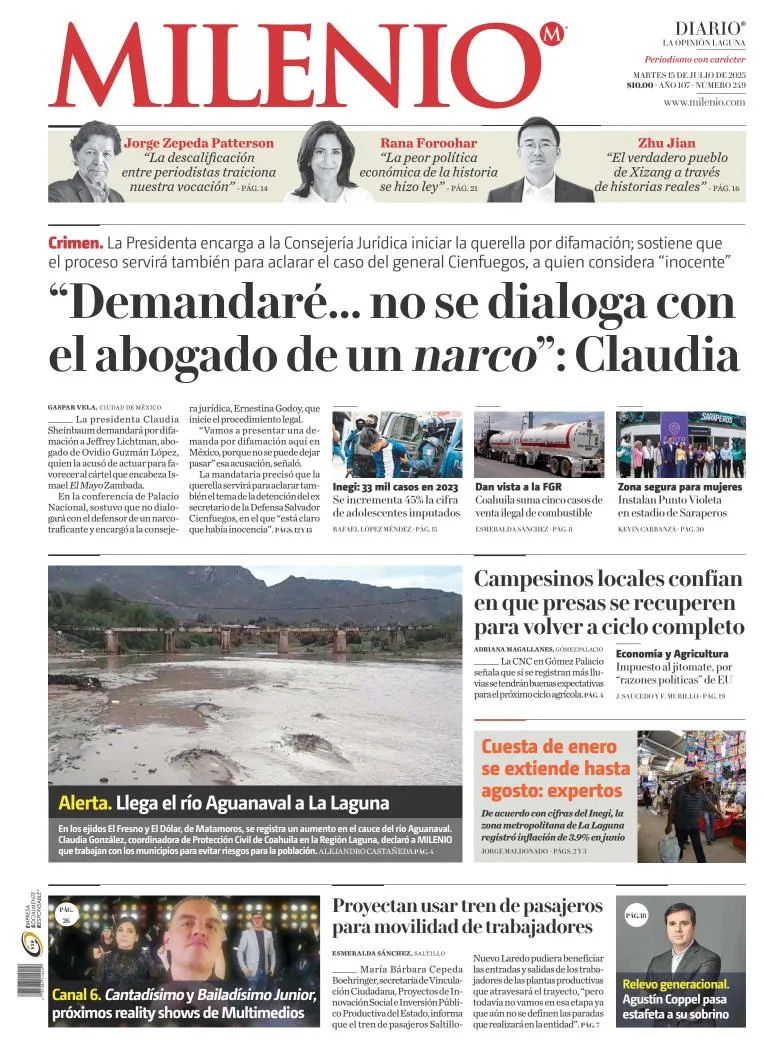 Portada de Milenio Laguna del martes, 15 de julio de 2025