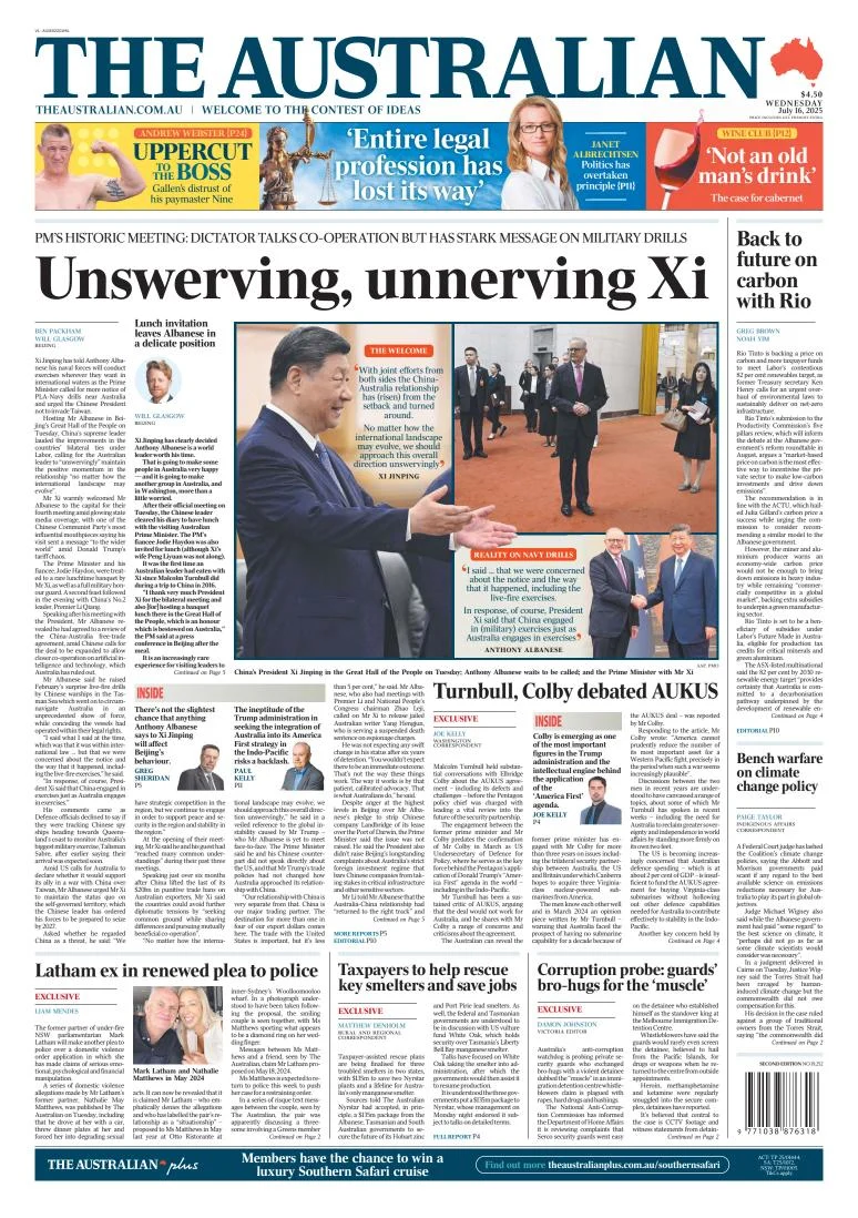 Portada de The Australian del miércoles, 16 de julio de 2025