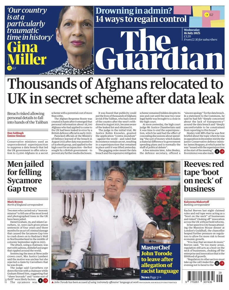 Portada de The Guardian (reino Unido) del miércoles, 16 de julio de 2025