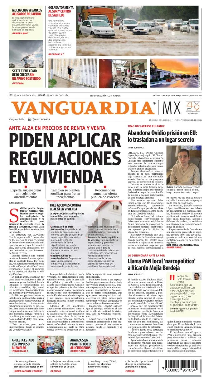 Portada de Vanguardia del miércoles, 16 de julio de 2025