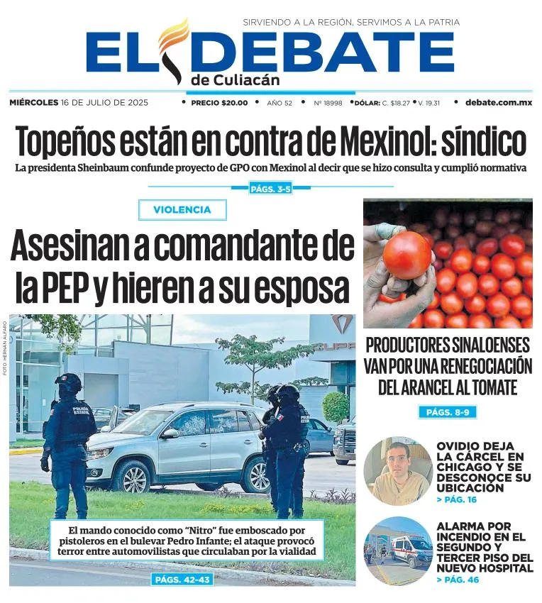 Portada de El Debate de Culiacan del miércoles, 16 de julio de 2025