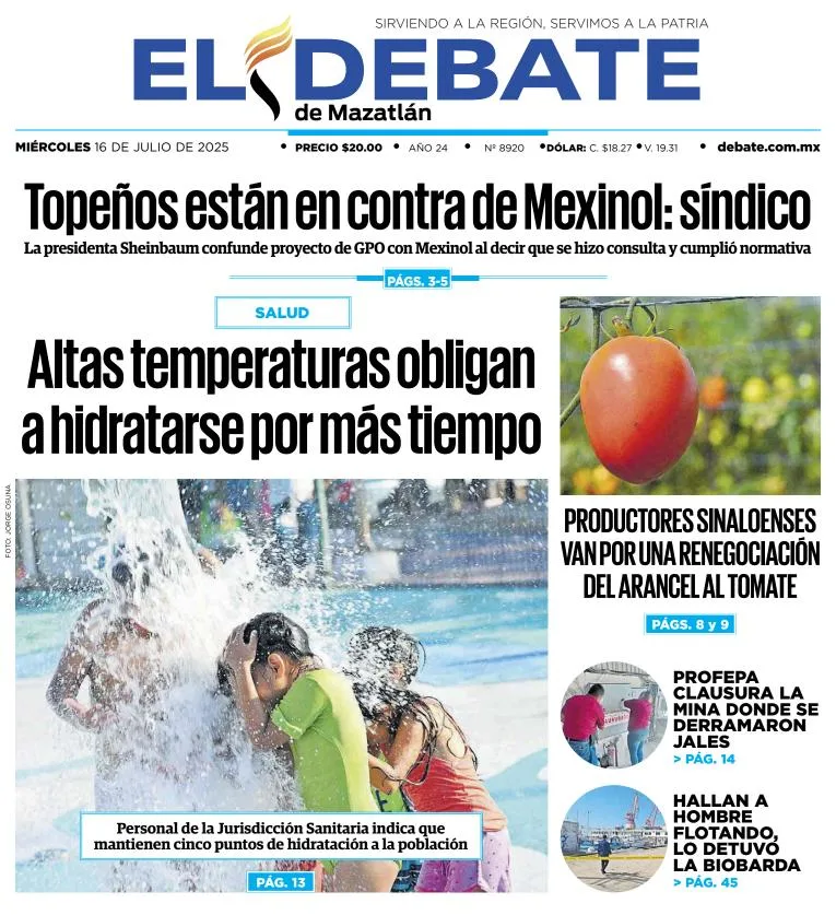 Portada de El Debate de Mazatlan del 2025-07-16