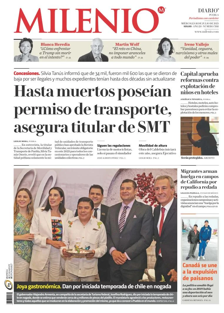Portada de Milenio Puebla del miércoles, 16 de julio de 2025