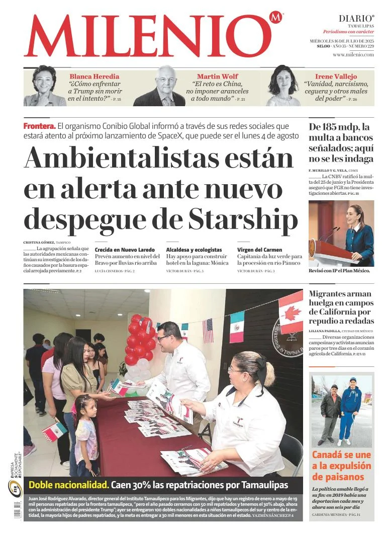 Portada de Milenio Tamaulipas del miércoles, 16 de julio de 2025