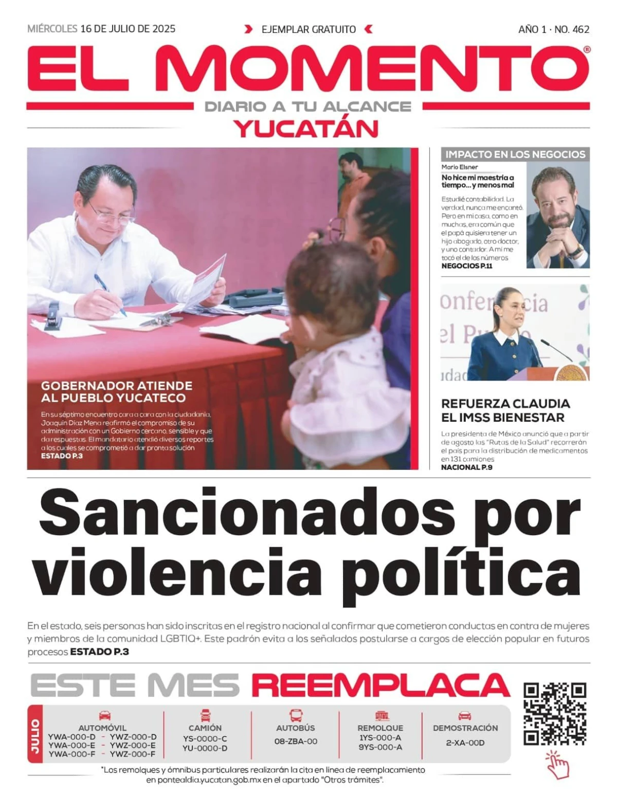 Portada de El Momento Yucatan del miércoles, 16 de julio de 2025