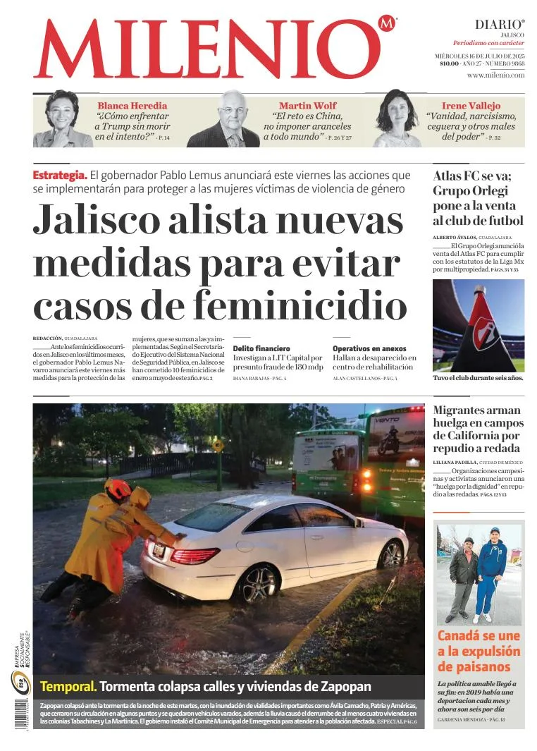 Portada de Milenio Jalisco del miércoles, 16 de julio de 2025