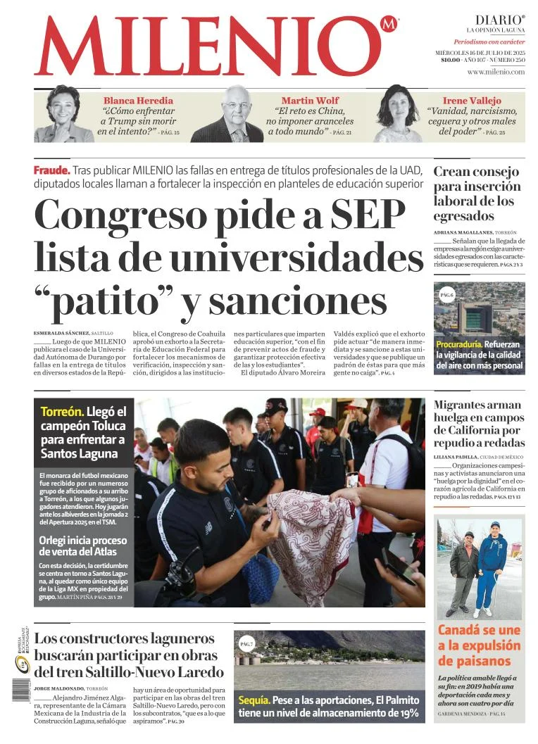 Portada de Milenio Laguna del miércoles, 16 de julio de 2025