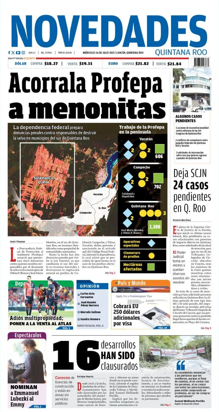 Portada de Novedades Quintana Roo del miércoles, 16 de julio de 2025