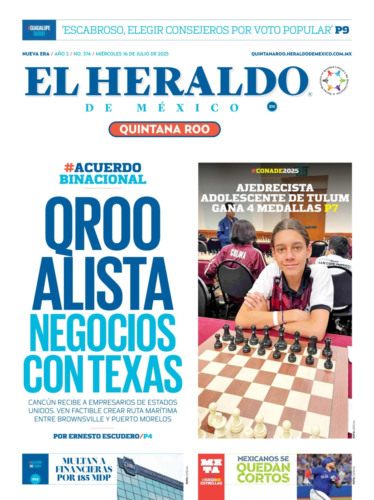 Portada de El Heraldo de Mexico - Quintana Roo del miércoles, 16 de julio de 2025