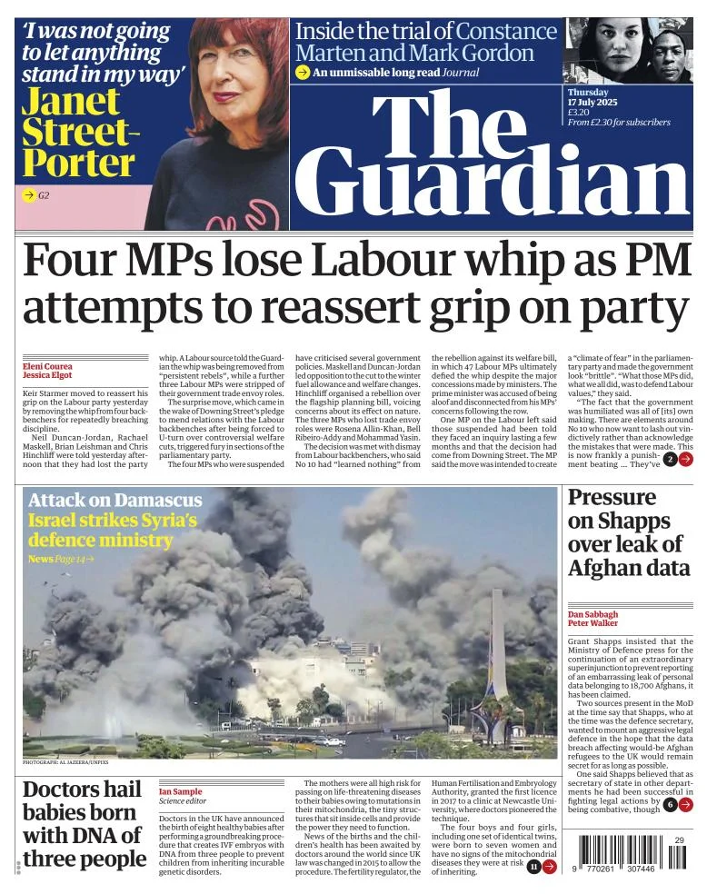 Portada de The Guardian (reino Unido) del jueves, 17 de julio de 2025