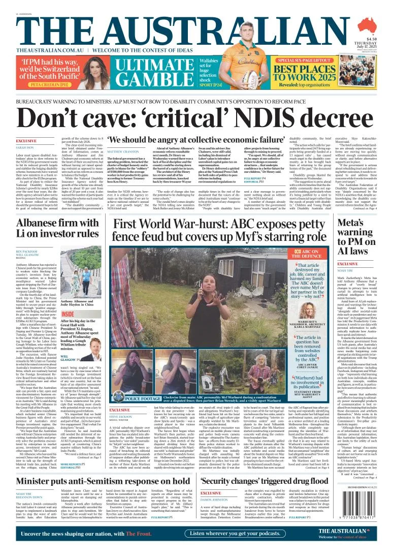 Portada de The Australian del jueves, 17 de julio de 2025