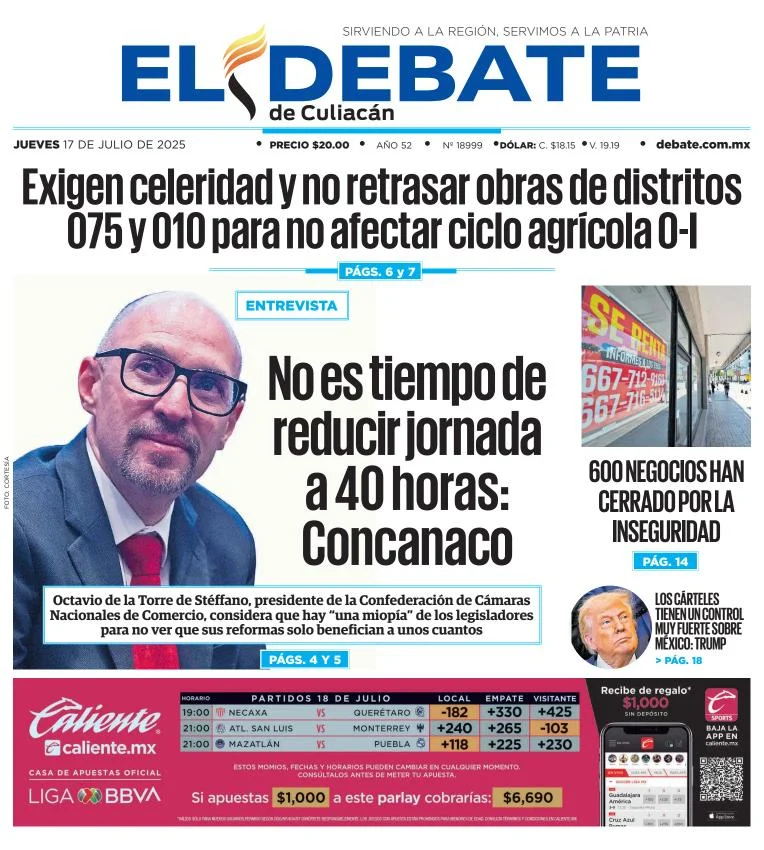 Portada de El Debate de Culiacan del jueves, 17 de julio de 2025