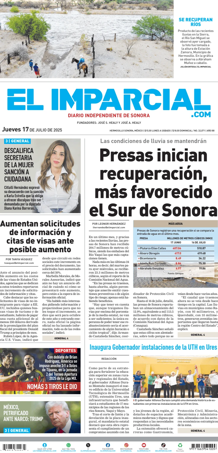 Portada de El Imparcial del jueves, 17 de julio de 2025