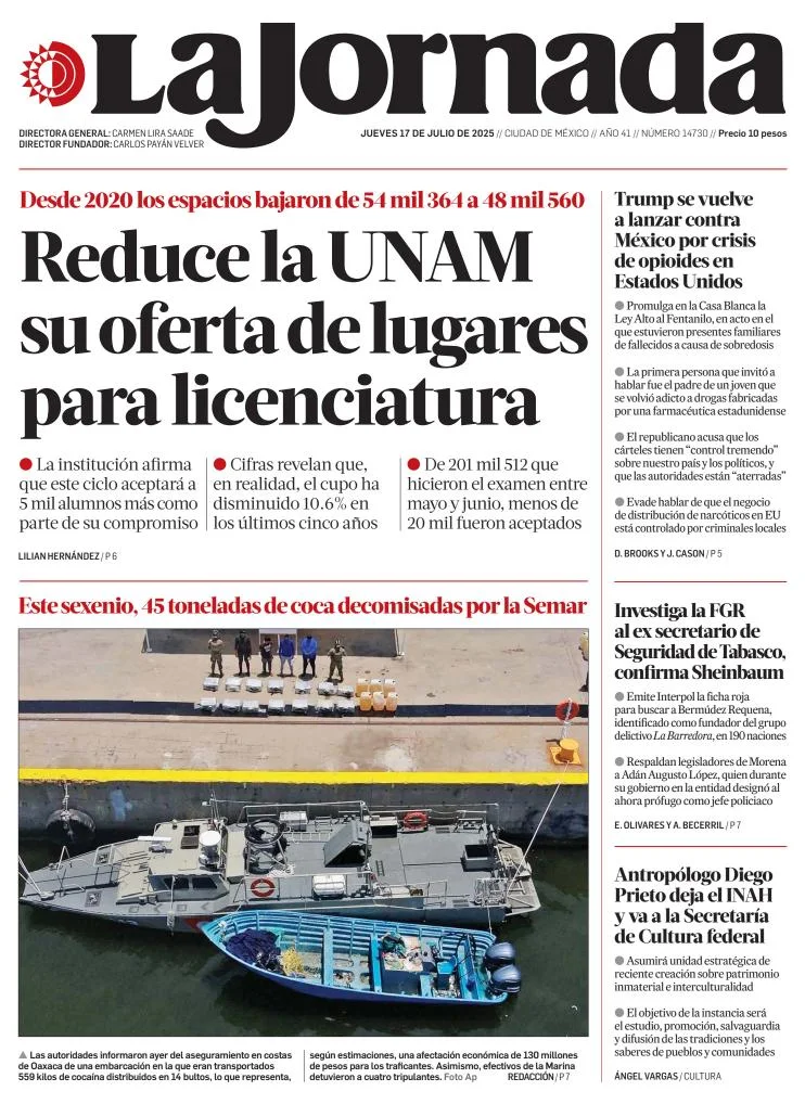 Portada de La Jornada del jueves, 17 de julio de 2025