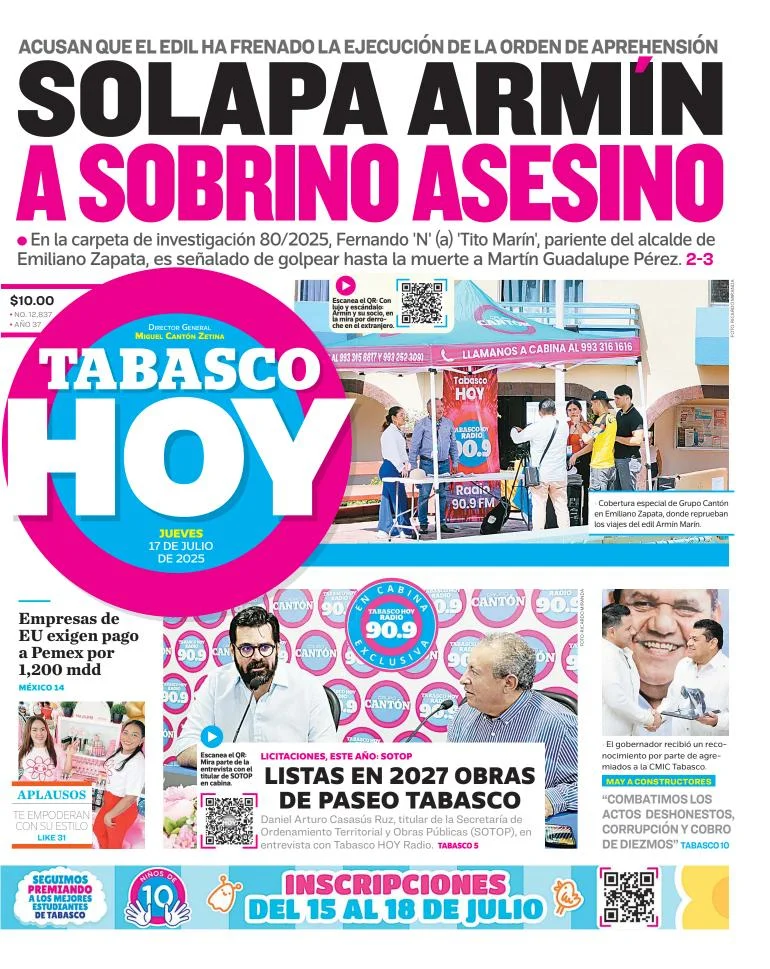 Portada de Tabasco Hoy del 2025-07-17