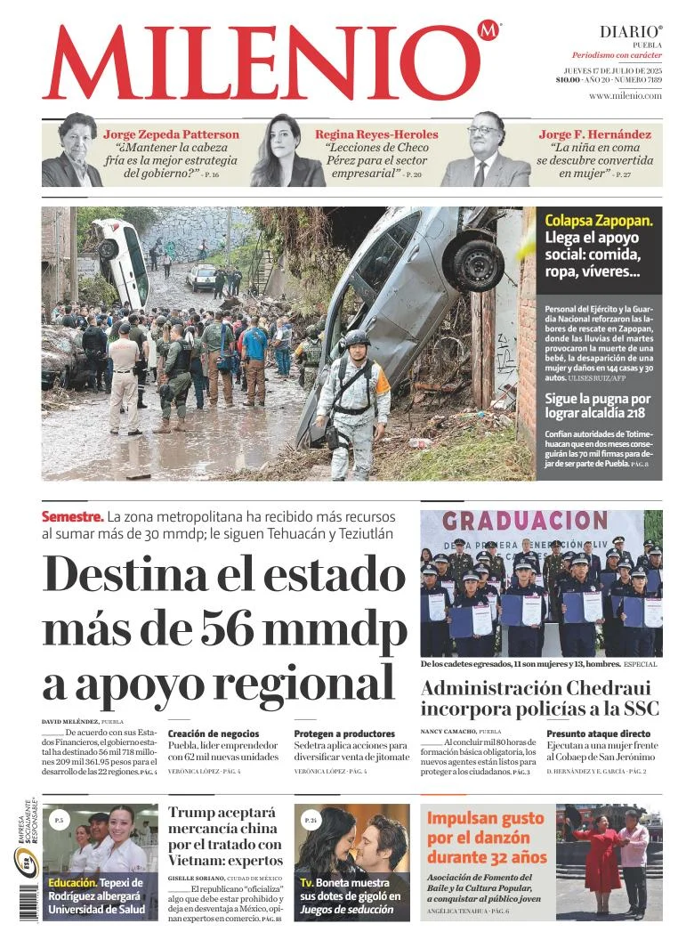 Portada de Milenio Puebla del jueves, 17 de julio de 2025