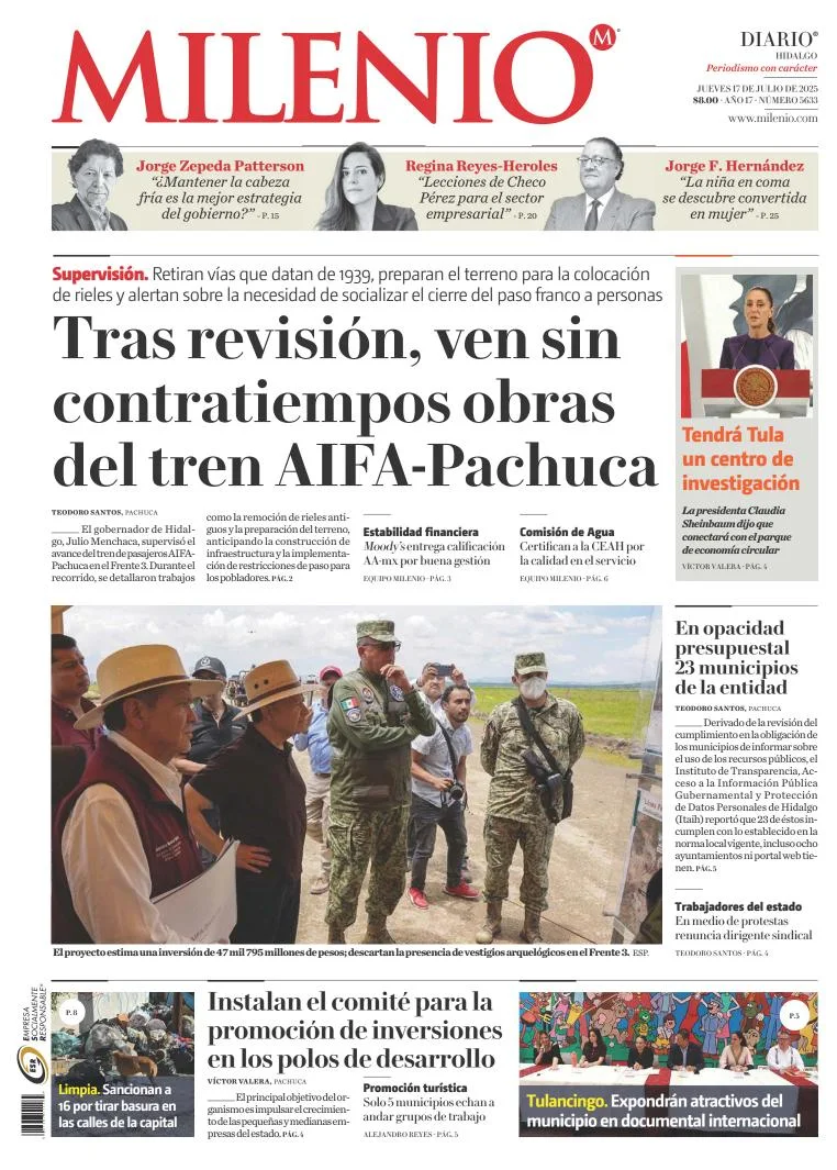 Portada de Milenio Hidalgo del jueves, 17 de julio de 2025