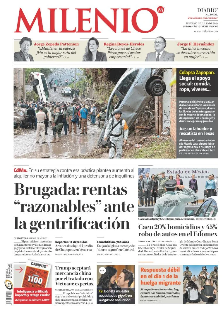 Portada de Milenio del jueves, 17 de julio de 2025