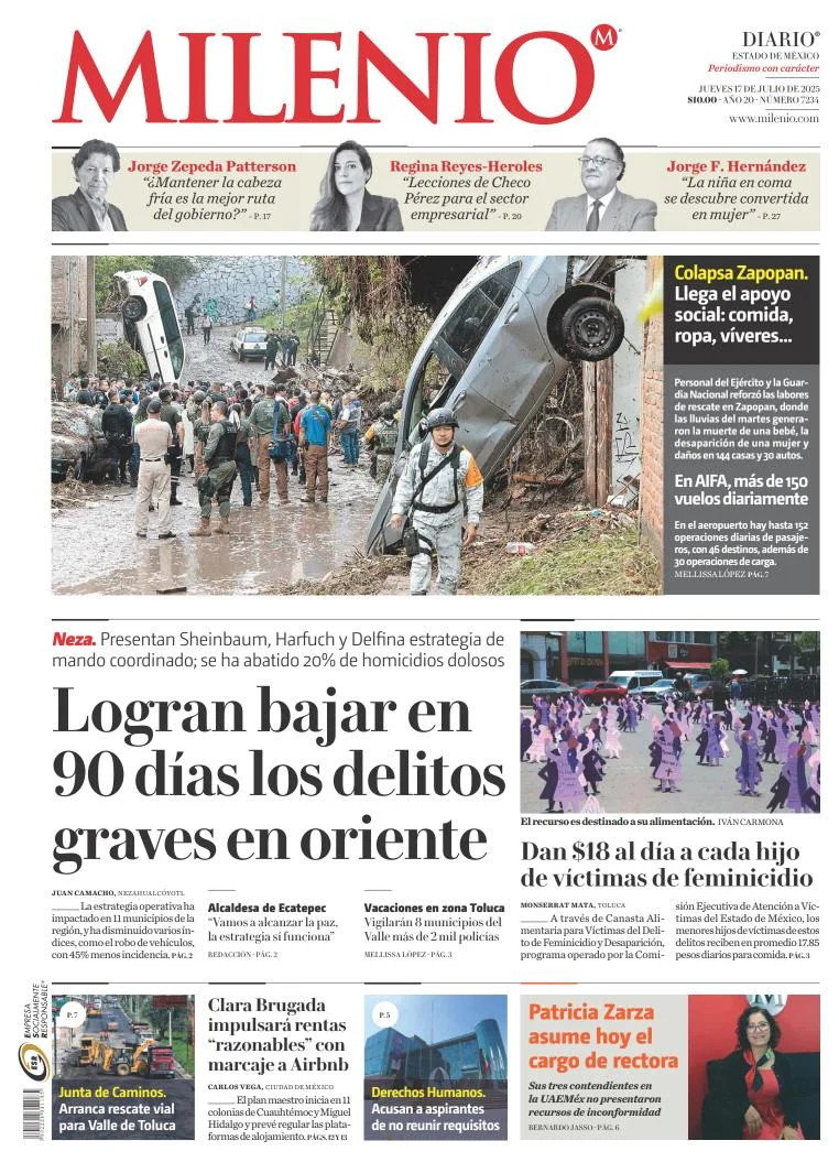 Portada de Milenio Edo de Mexico del jueves, 17 de julio de 2025