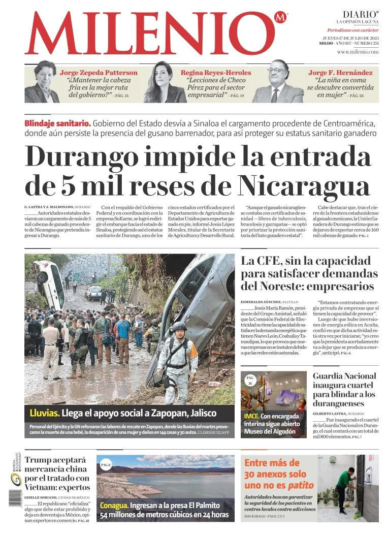 Portada de Milenio Laguna del jueves, 17 de julio de 2025