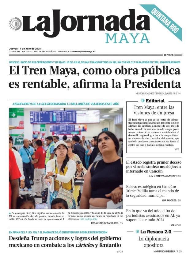 Portada de La Jornada Maya Quintana Roo del jueves, 17 de julio de 2025