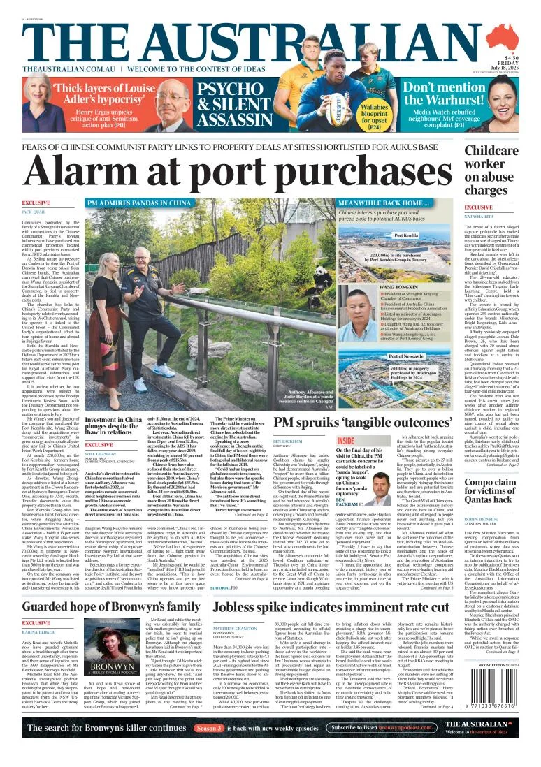 Portada de The Australian del viernes, 18 de julio de 2025