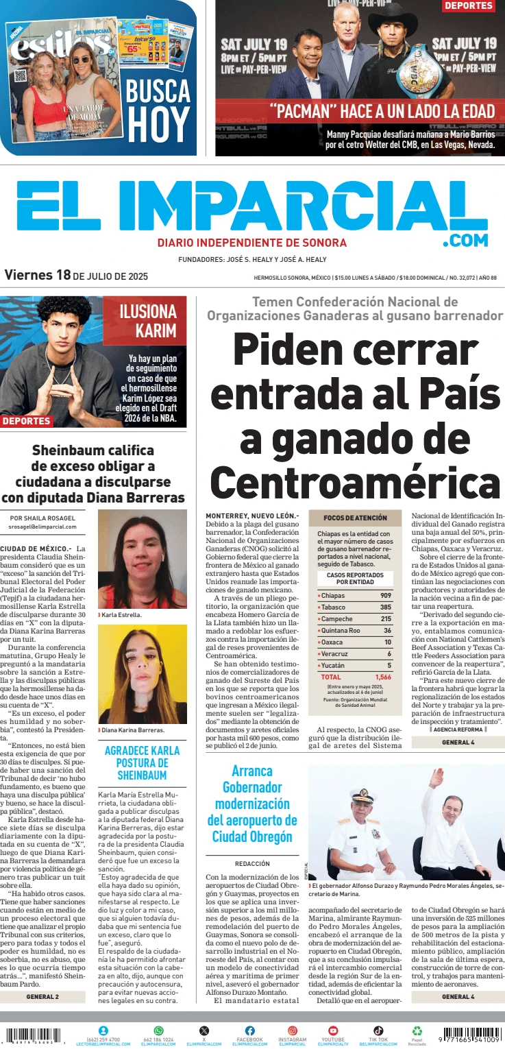 Portada de El Imparcial del viernes, 18 de julio de 2025