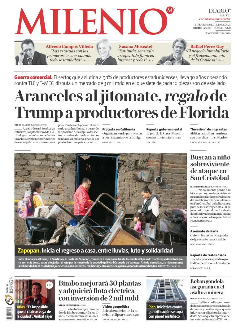 Portada de Milenio Jalisco del viernes, 18 de julio de 2025