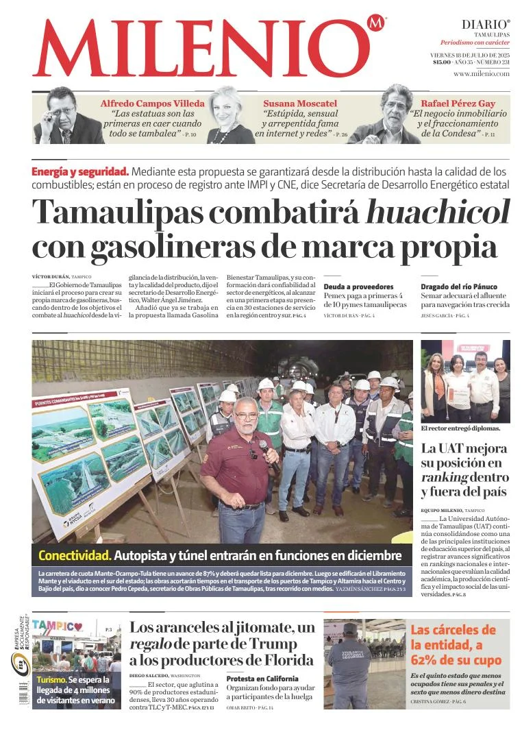 Portada de Milenio Tamaulipas del viernes, 18 de julio de 2025