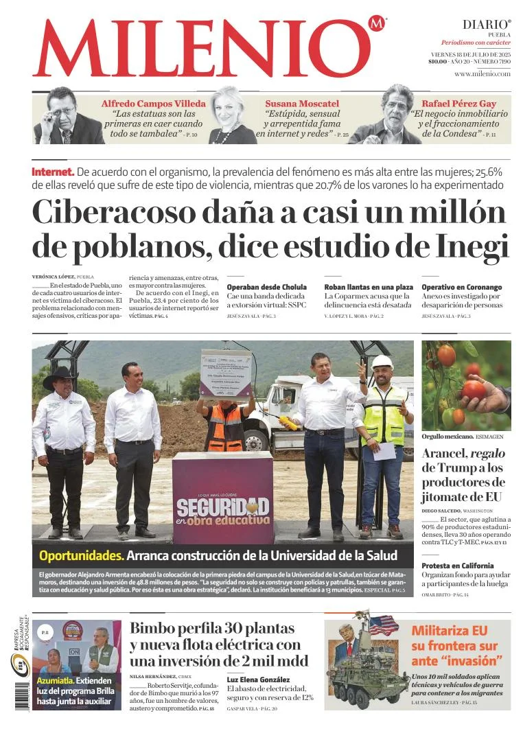 Portada de Milenio Puebla del viernes, 18 de julio de 2025