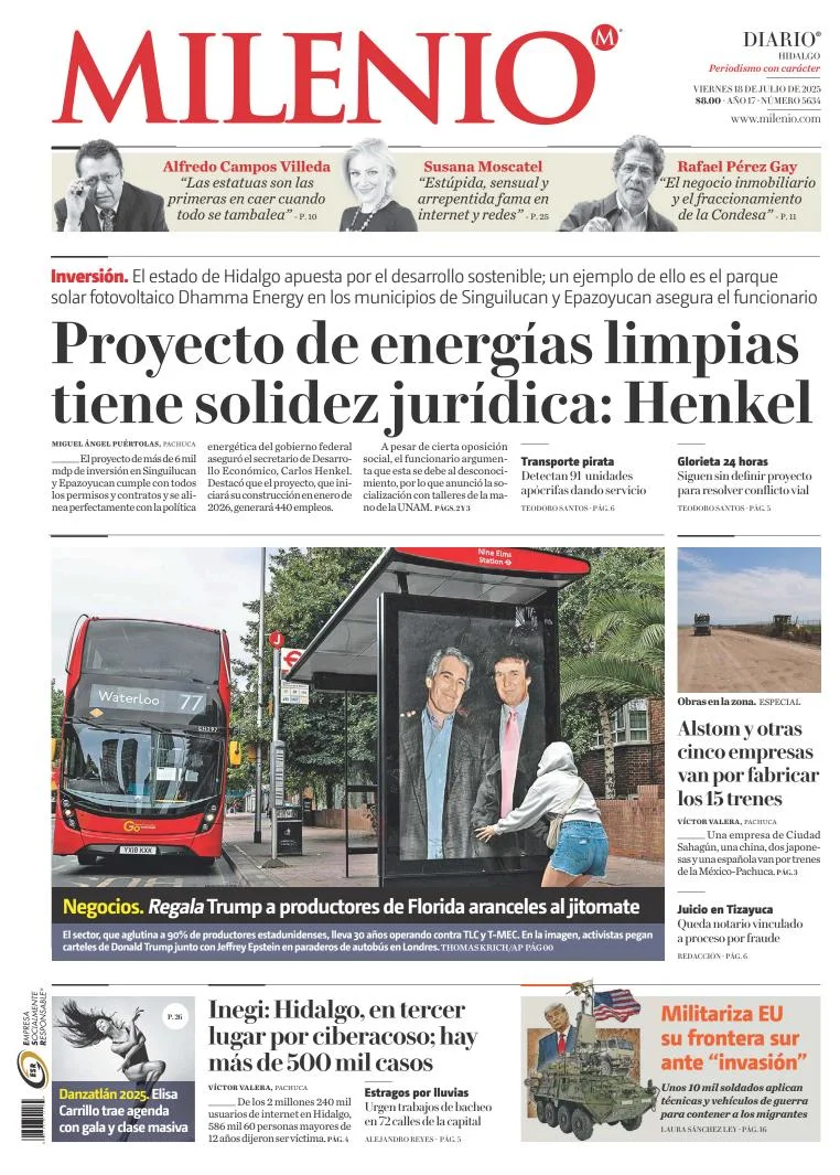 Portada de Milenio Hidalgo del viernes, 18 de julio de 2025