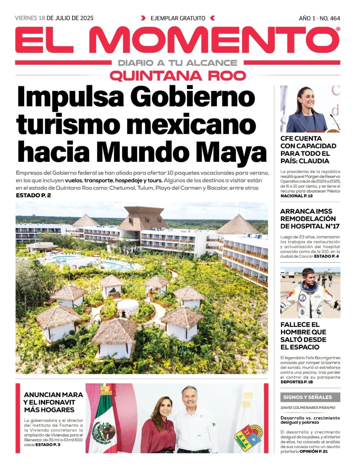 Portada de El Momento Quintana Roo del viernes, 18 de julio de 2025